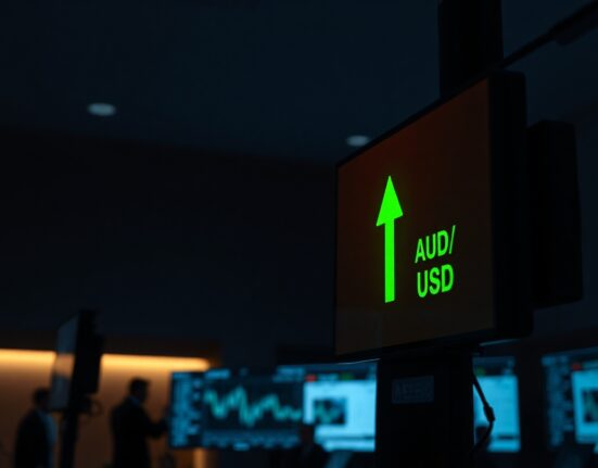 AUD/USD currency pair showing gains on a financial market ticker screen.
