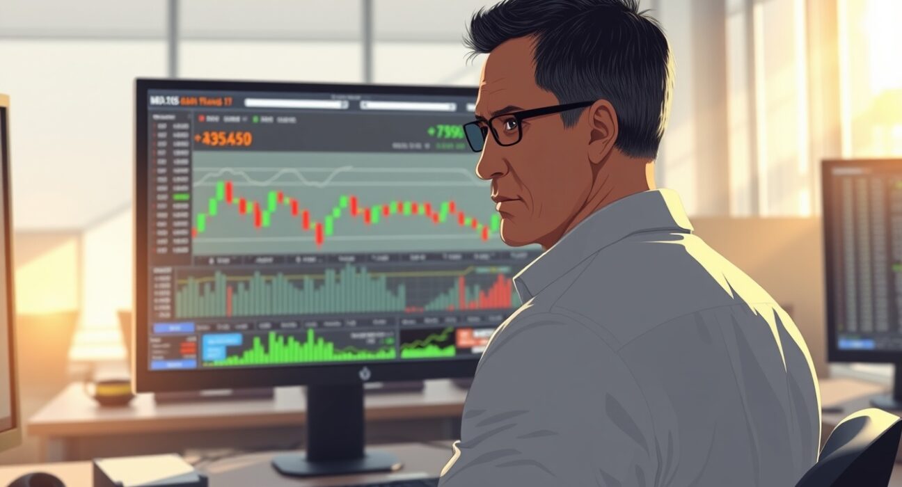 Trader analyzing AUD/USD currency charts as the Australian Dollar struggles against the US Dollar.