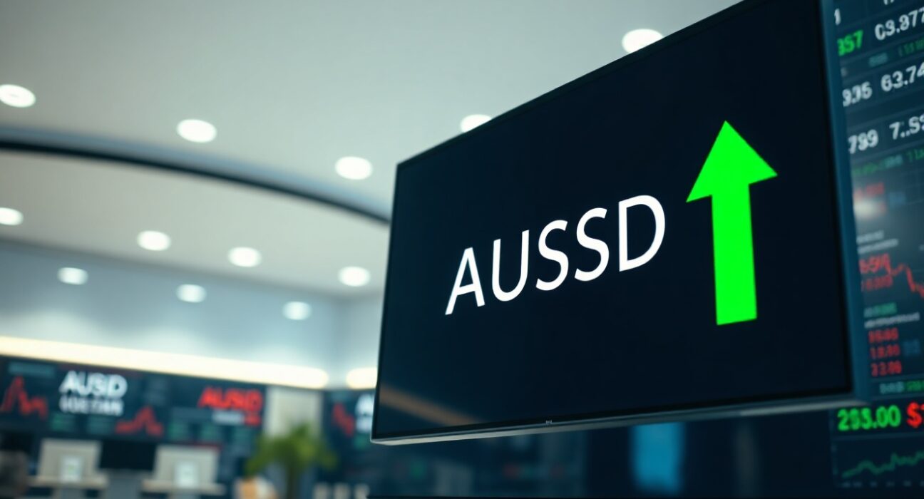 Digital trading screen showing AUD/USD currency pair with green upward trend.