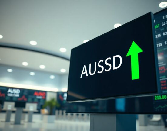 Digital trading screen showing AUD/USD currency pair with green upward trend.
