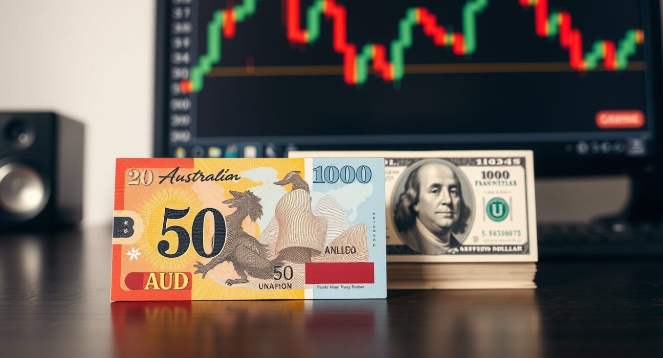 Australian Dollar and US Dollar banknotes on a trading desk with AUD/USD chart in background