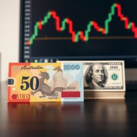 Australian Dollar and US Dollar banknotes on a trading desk with AUD/USD chart in background
