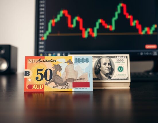 Australian Dollar and US Dollar banknotes on a trading desk with AUD/USD chart in background