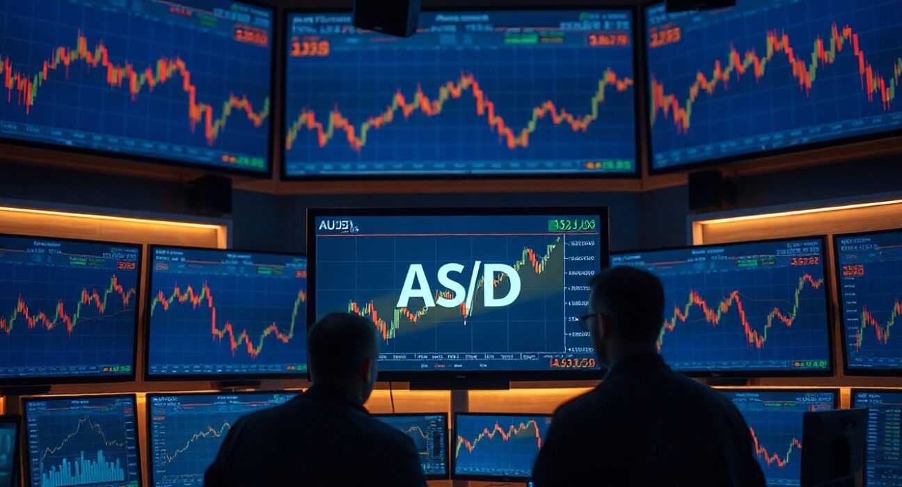 Forex trading monitors showing AUD/USD price charts and data on a professional trading floor