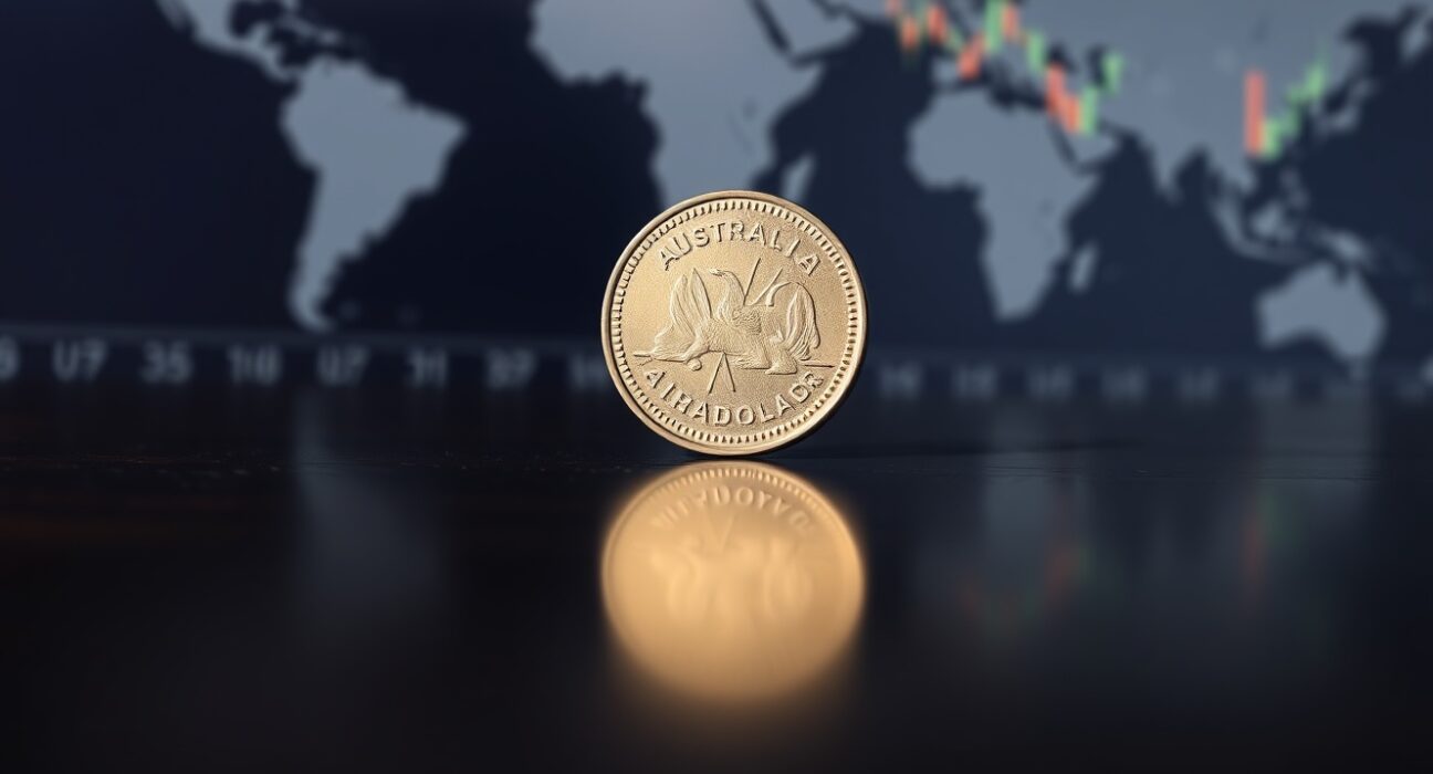 Australian dollar coin on wooden surface with financial chart background