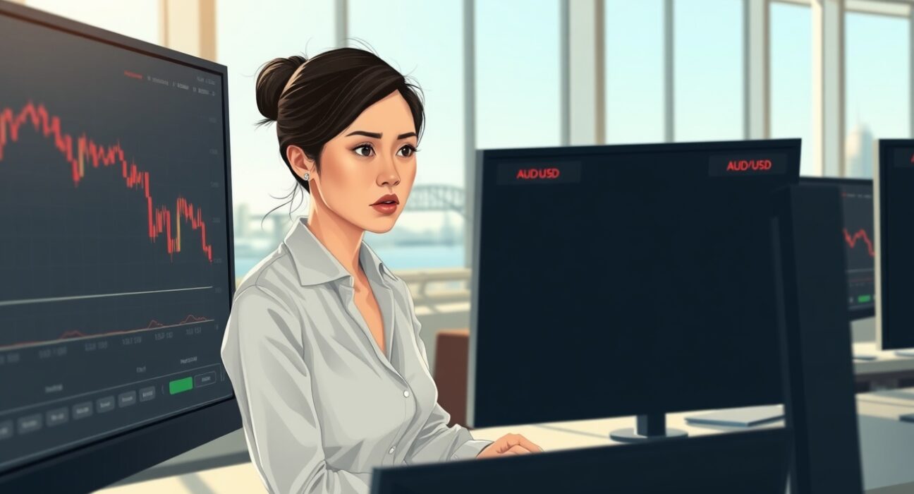 Trader in Sydney monitors falling Australian Dollar chart amid US-Iran peace talk anxiety.