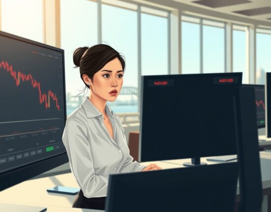 Trader in Sydney monitors falling Australian Dollar chart amid US-Iran peace talk anxiety.