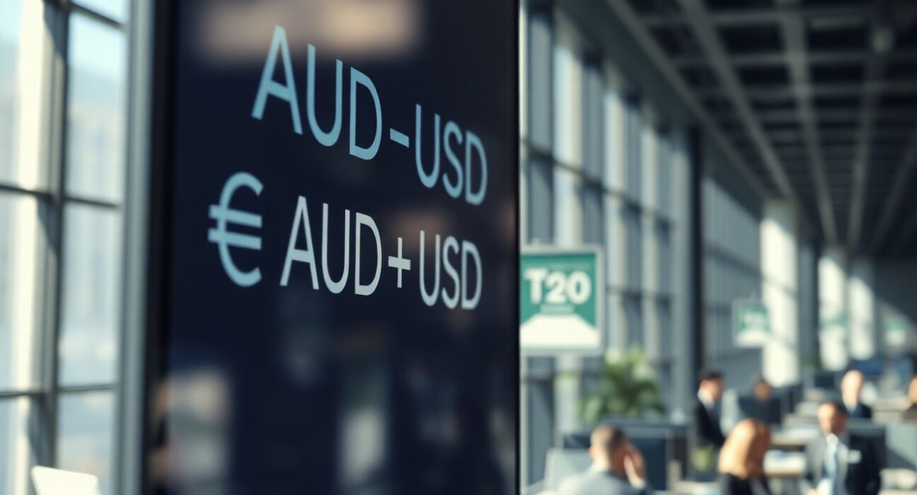 AUD/USD exchange rate on a trading screen with financial district background