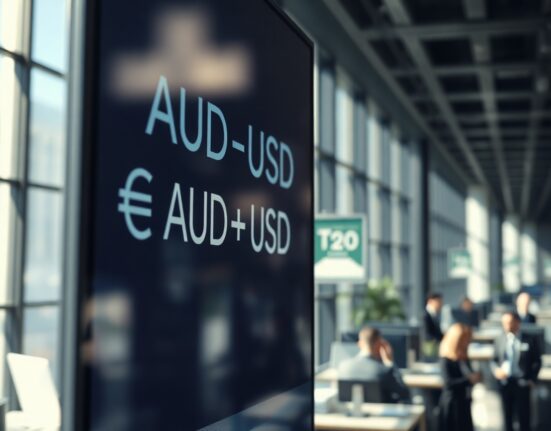 AUD/USD exchange rate on a trading screen with financial district background