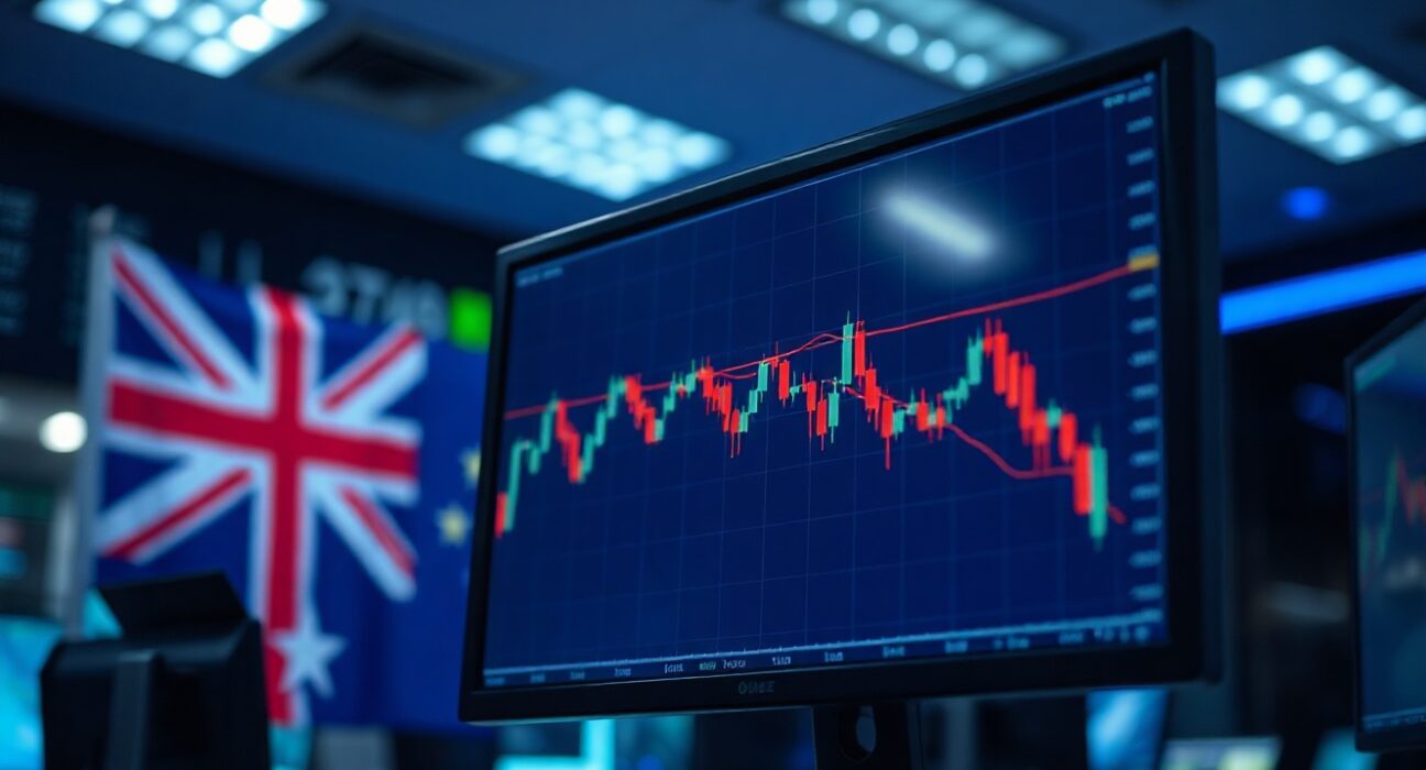 Forex trading monitor showing AUD/USD chart with downward trend and Australian and US flags in background