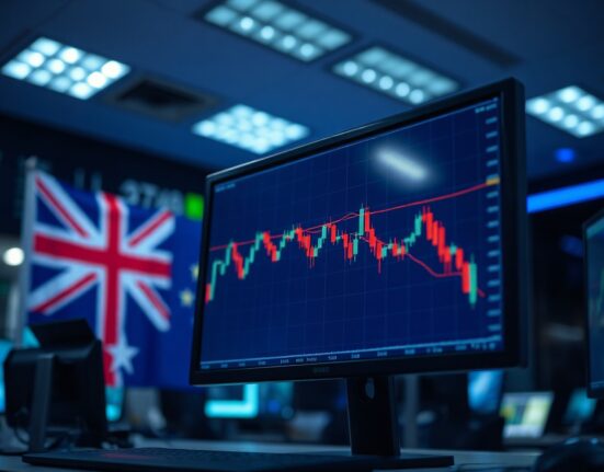 Forex trading monitor showing AUD/USD chart with downward trend and Australian and US flags in background