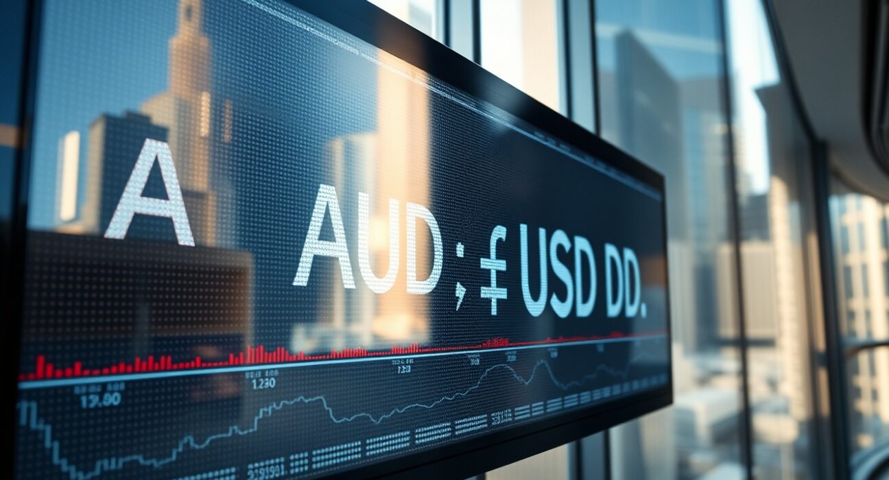 AUD/USD exchange rate board in a modern financial district setting with soft daylight.