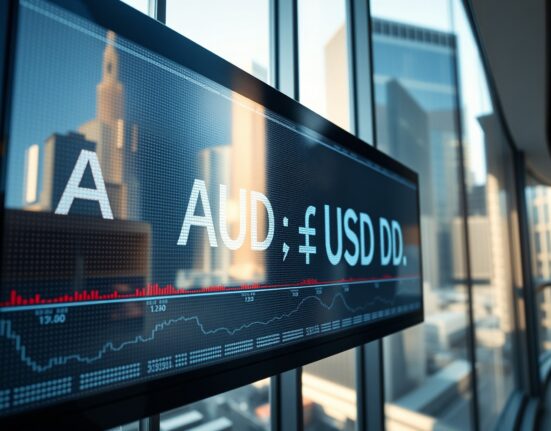 AUD/USD exchange rate board in a modern financial district setting with soft daylight.