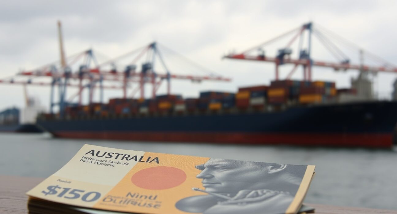 Australian dollar banknotes with blurred shipping port background symbolizing trade and currency pressure