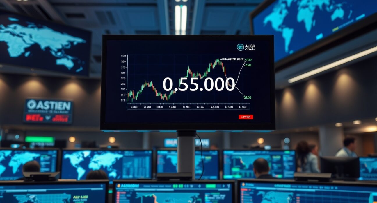 AUD/USD currency chart on trading monitors showing pair near 0.7000 level in dimly lit trading floor