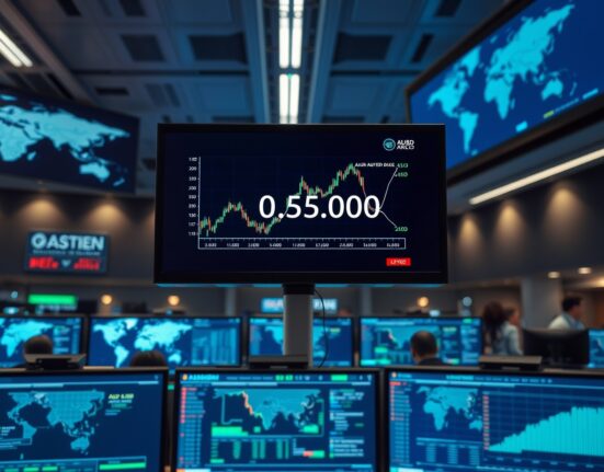 AUD/USD currency chart on trading monitors showing pair near 0.7000 level in dimly lit trading floor