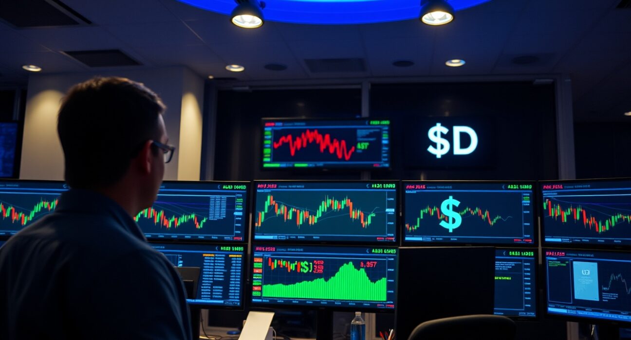 Forex trading desk with monitors showing AUD/USD charts and currency data