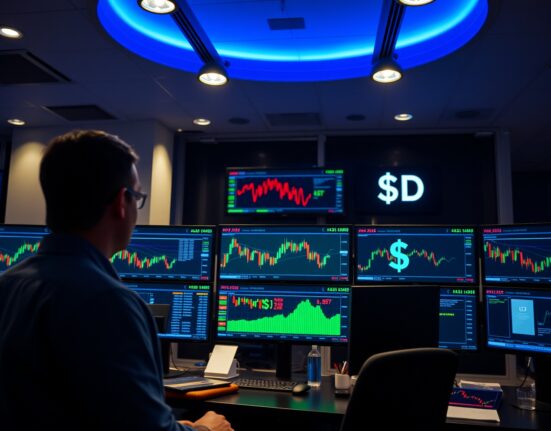 Forex trading desk with monitors showing AUD/USD charts and currency data