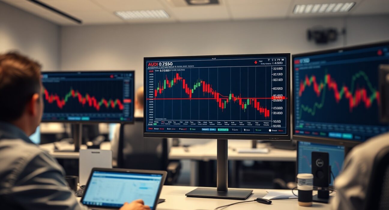 Forex trading screen showing AUD/USD pair declining near 0.7250 level