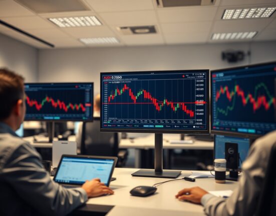 Forex trading screen showing AUD/USD pair declining near 0.7250 level