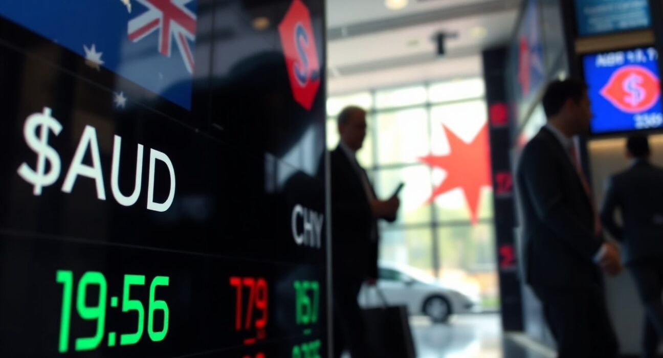 AUD and CNY currency symbols on a trading screen with financial district background