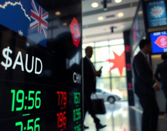 AUD and CNY currency symbols on a trading screen with financial district background