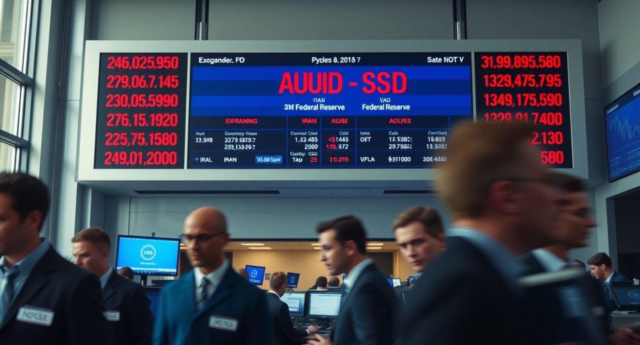 AUD/USD exchange rate board showing decline on Sydney trading floor amid Iran tensions and Fed minutes anticipation