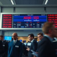 AUD/USD exchange rate board showing decline on Sydney trading floor amid Iran tensions and Fed minutes anticipation