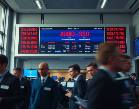 AUD/USD exchange rate board showing decline on Sydney trading floor amid Iran tensions and Fed minutes anticipation
