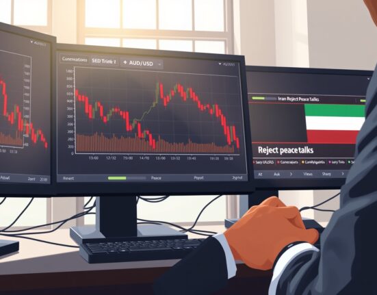 Australian Dollar weakens on trading desk monitors after Iran rejects Trump's peace talks, showing AUD/USD chart decline.
