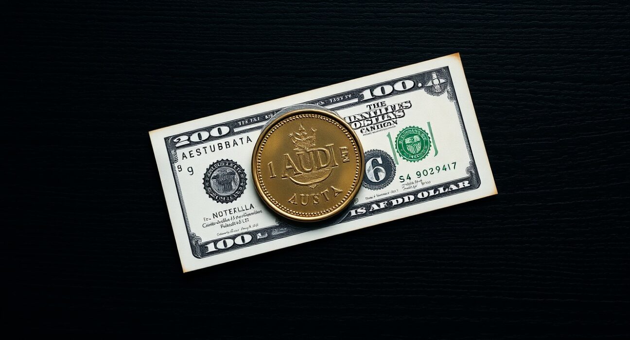 Australian Dollar coin and US Dollar bill on a dark wooden surface, representing forex market analysis.
