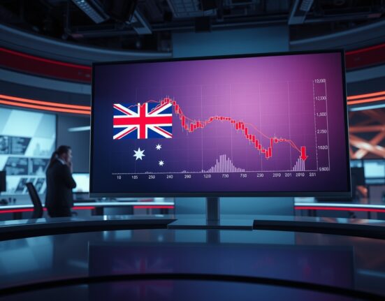AUD/USD chart showing decline in a professional trading environment