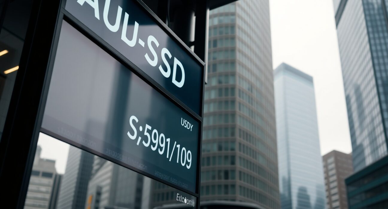 Currency exchange board showing AUD and JPY rates in a financial district
