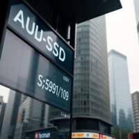 Currency exchange board showing AUD and JPY rates in a financial district