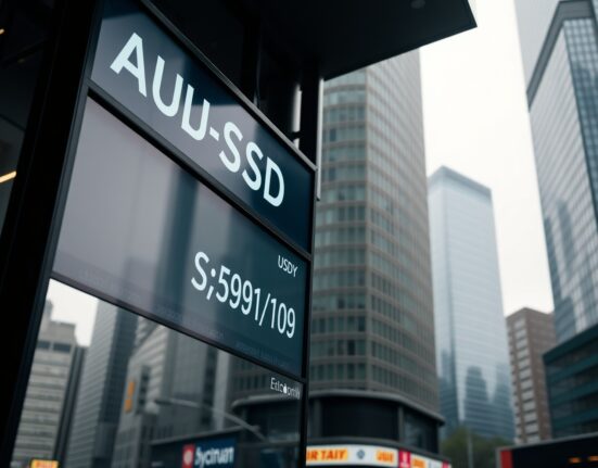 Currency exchange board showing AUD and JPY rates in a financial district