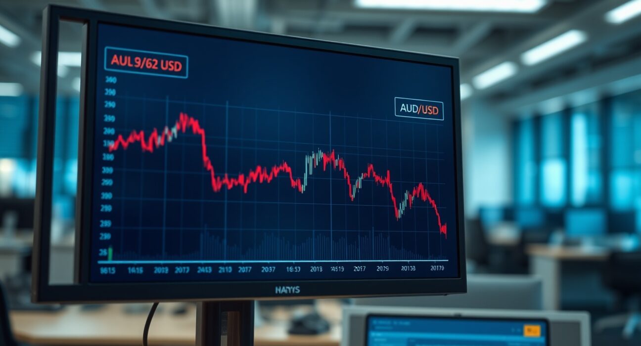 Chart showing the Australian Dollar falling against the US Dollar amid economic and geopolitical news.