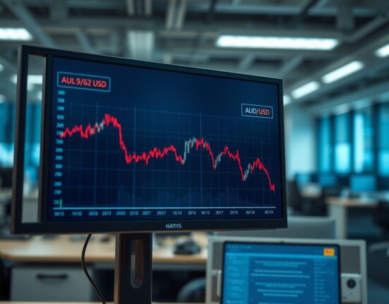 Chart showing the Australian Dollar falling against the US Dollar amid economic and geopolitical news.