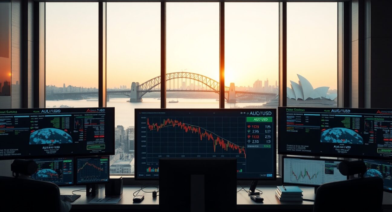 AUD/USD forex chart on a trading desk screen with Sydney skyline in background
