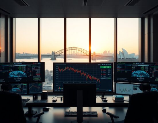 AUD/USD forex chart on a trading desk screen with Sydney skyline in background