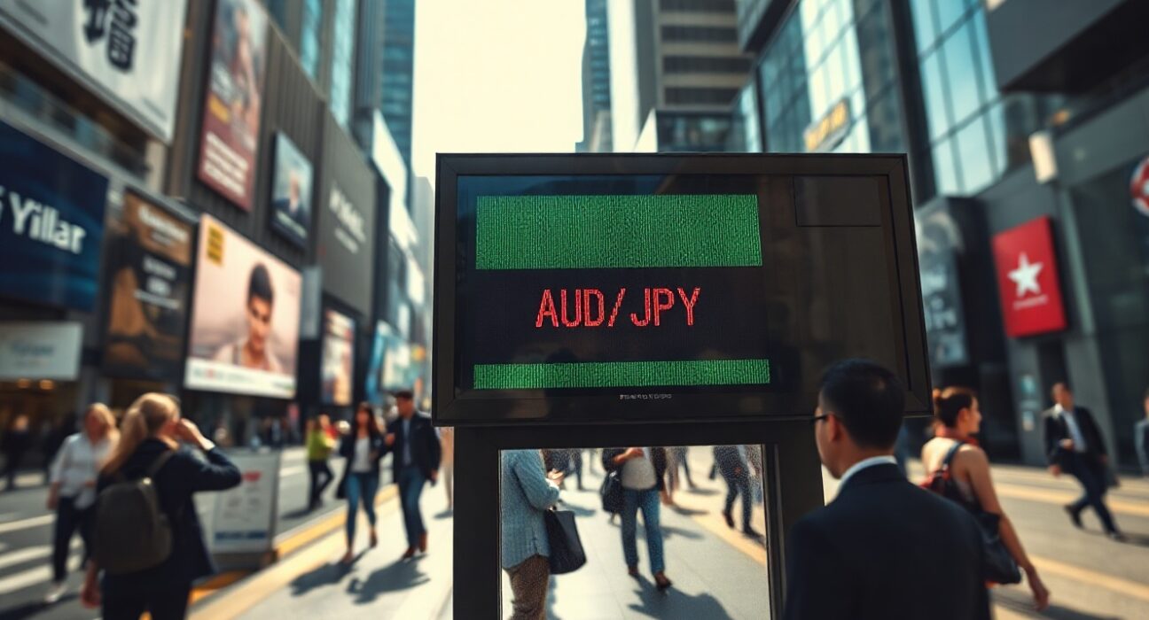 AUD/JPY exchange rate board in a financial district showing a decline