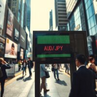 AUD/JPY exchange rate board in a financial district showing a decline