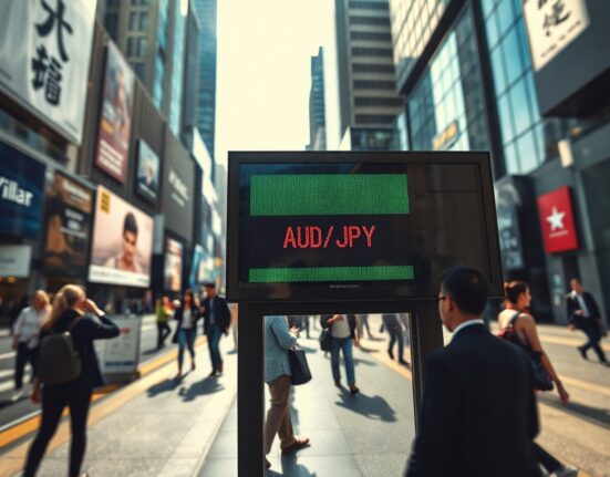 AUD/JPY exchange rate board in a financial district showing a decline