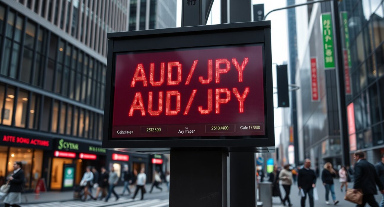 Digital exchange board showing AUD/JPY rate in a financial district