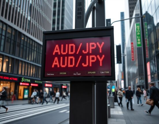 Digital exchange board showing AUD/JPY rate in a financial district