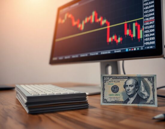 AUD/USD forex chart showing a downward trend with Australian dollar banknotes in the background.