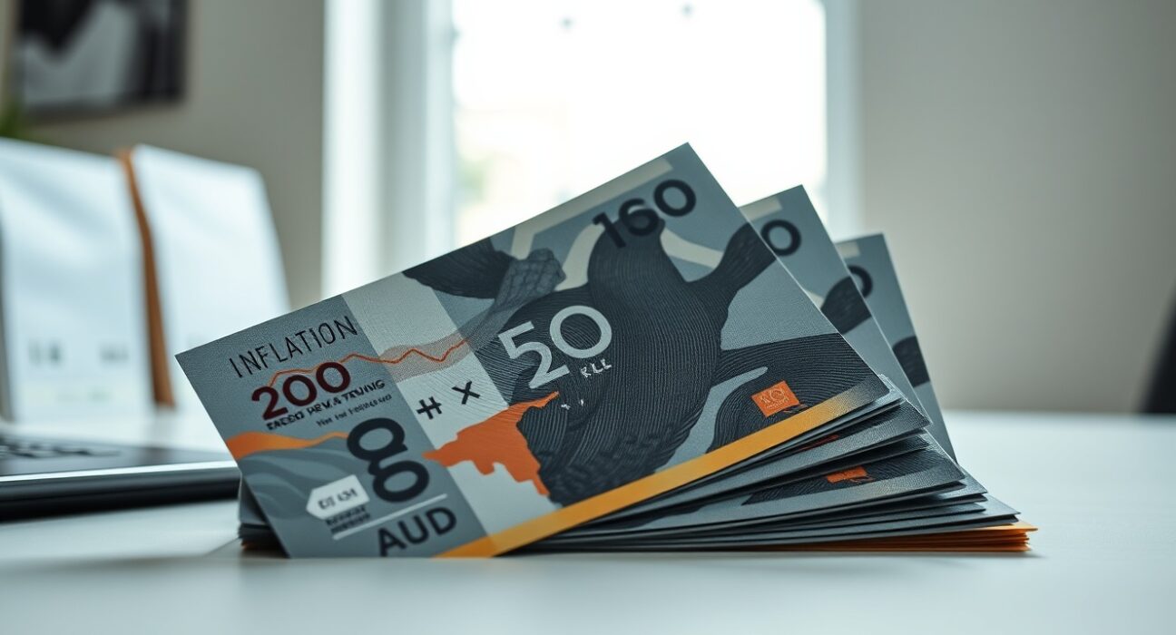 Australian dollar banknotes and an inflation report on a desk