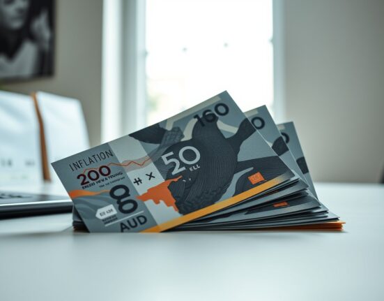 Australian dollar banknotes and an inflation report on a desk