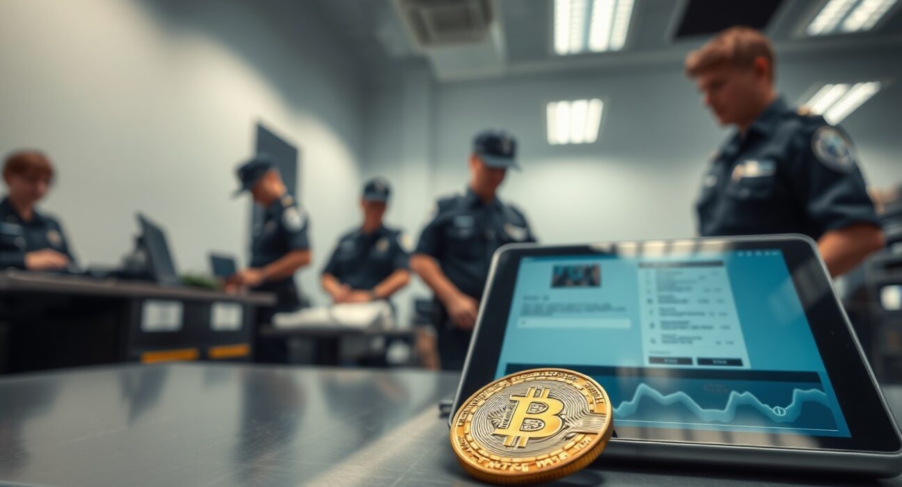 Bitcoin coin and digital wallet on a table in a police evidence room with officers in background