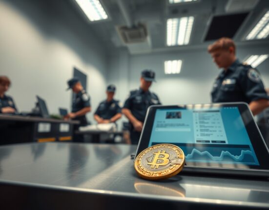 Bitcoin coin and digital wallet on a table in a police evidence room with officers in background