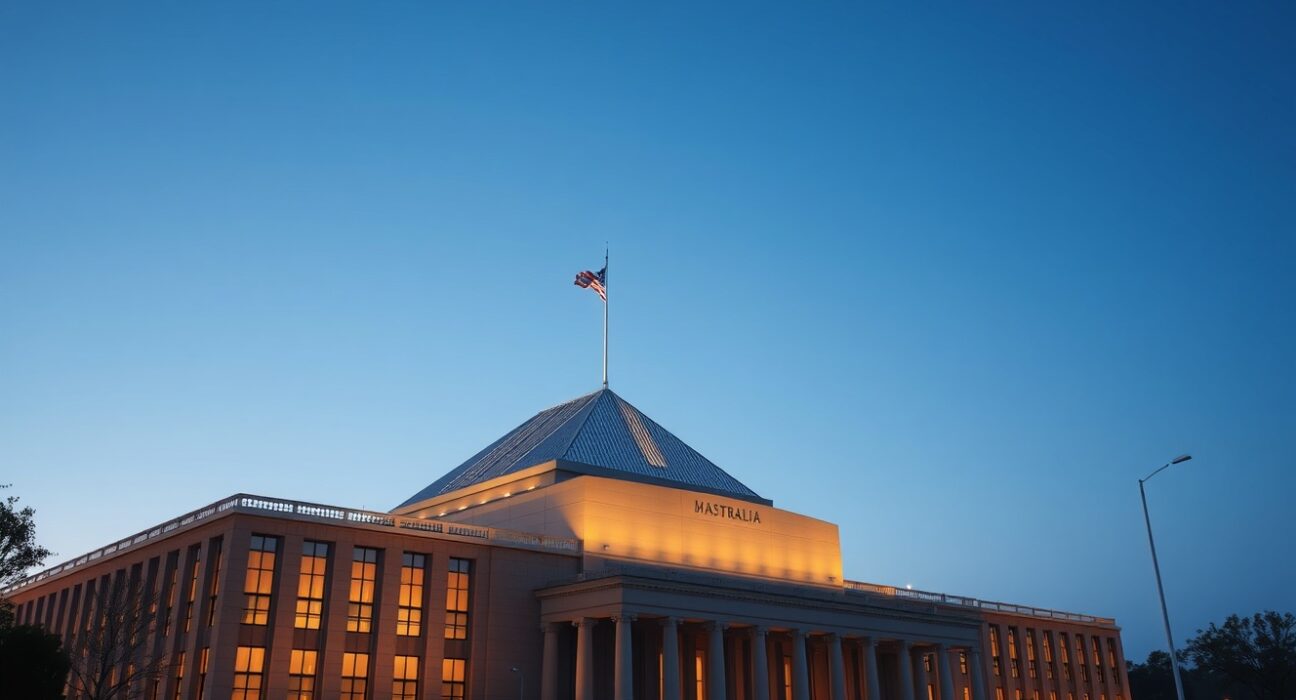 Australian Parliament House with digital blockchain overlay representing new crypto platform regulation.